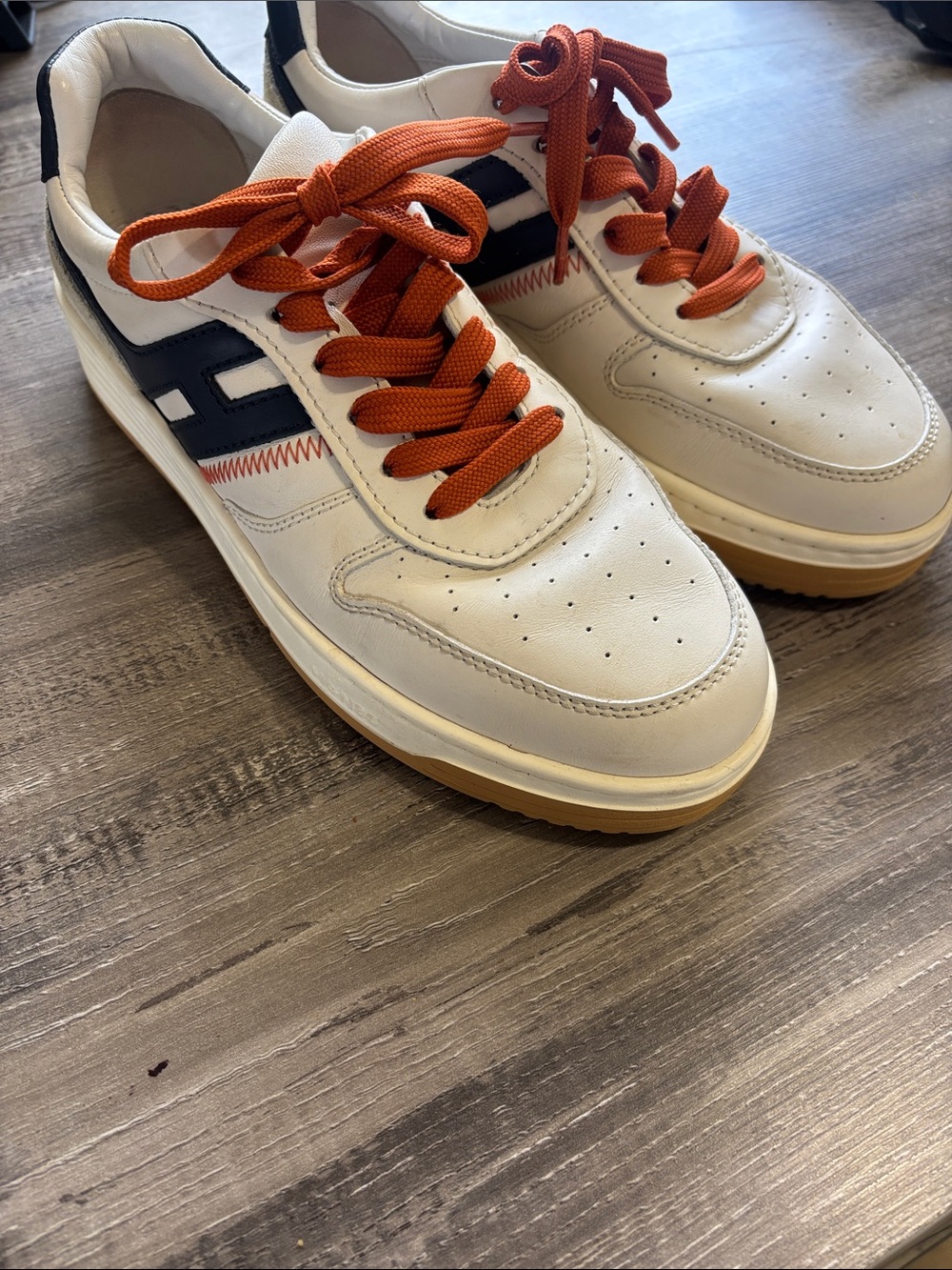 Hogan White Leather Sneakers with Orange Laces and Navy Stripe